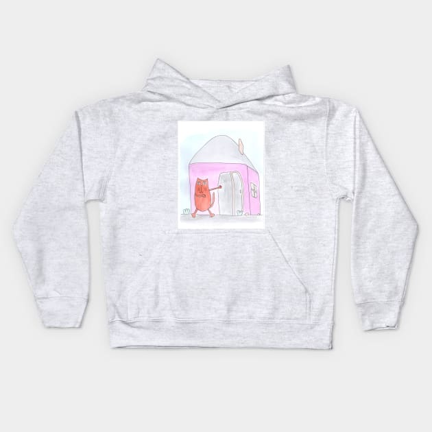 Cat points to the house. Real estate, rent, housewarming. Watercolor illustration humorous. Humor, fun design modern Kids Hoodie by grafinya